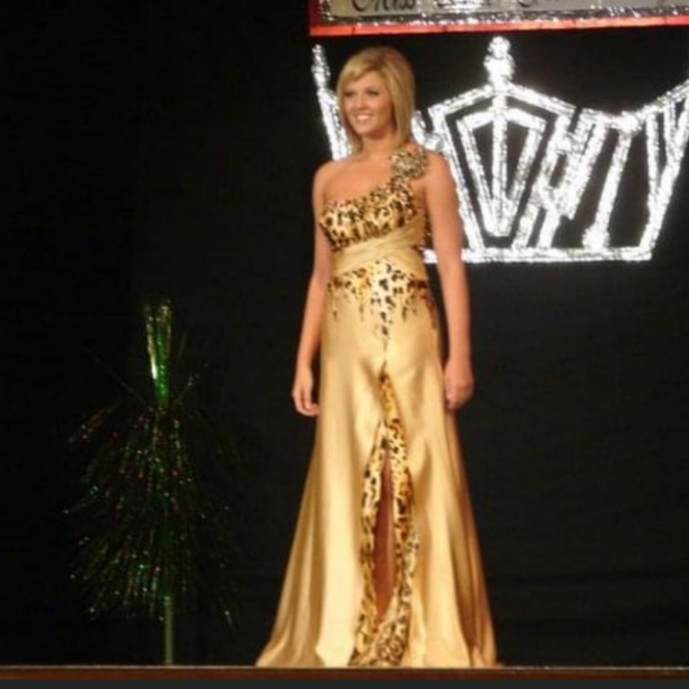 Gold and leopard print satin evening gown